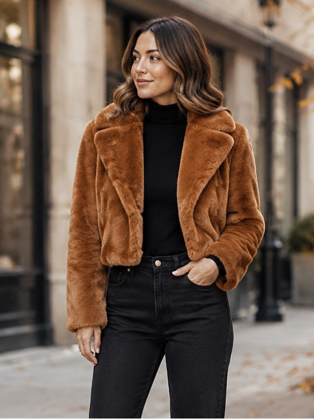 Forever 21 Cognac Faux Fur Cropped Jacket Coat Size Small Mob Wife Y2K Glam Fall